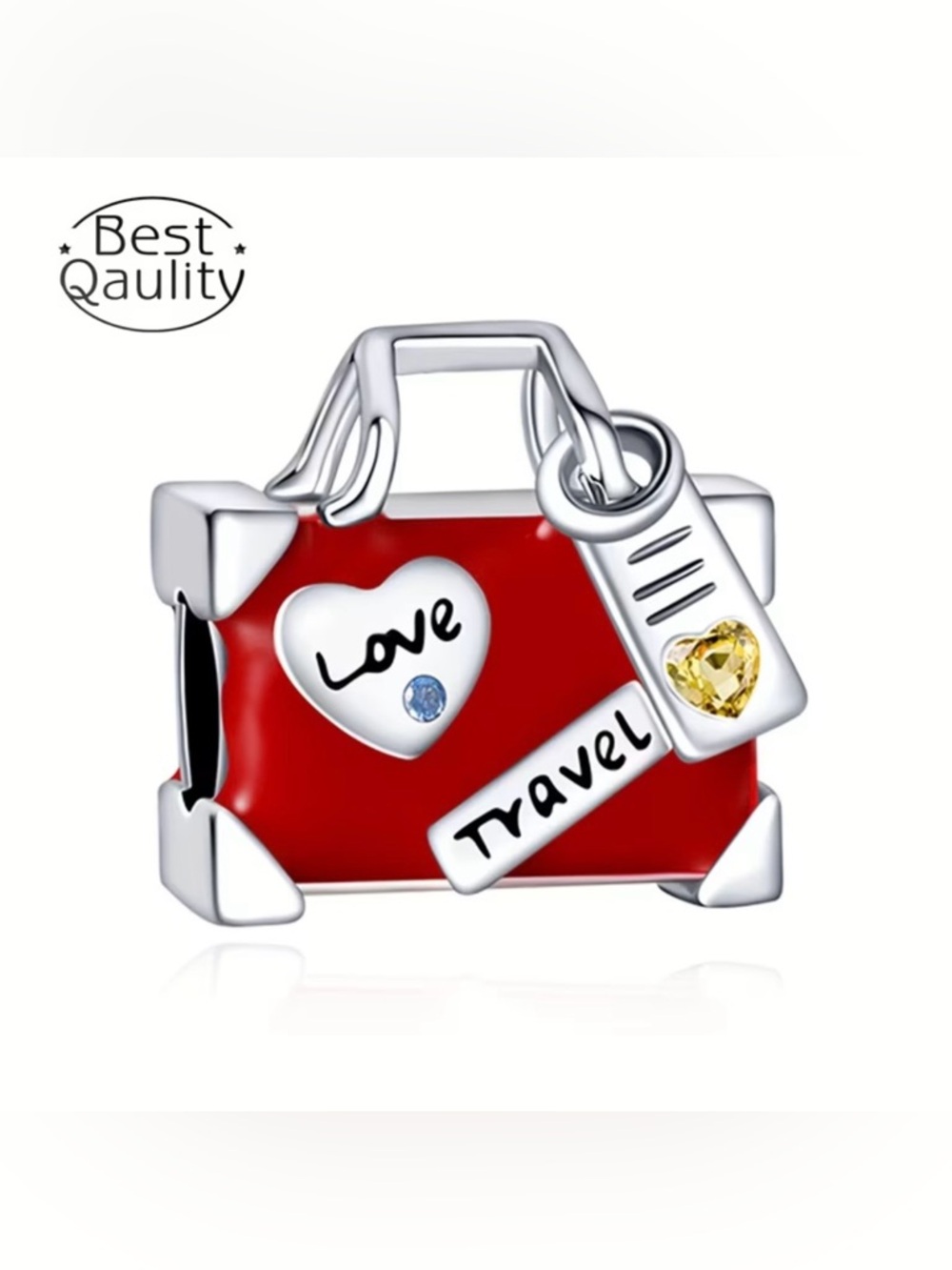 Sterling Silver 925 Red Enamel Suitcase Charm with Heart and Luggage Tag